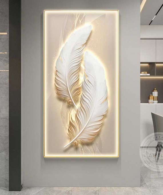 White Crystall Painting Modern  Feather With Led Light